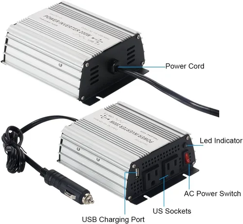 Vista 4 de Inversor de corriente de 200 W CC 12 V, salida 110 V-120 V AC inversor de coche con adaptador de coche USB