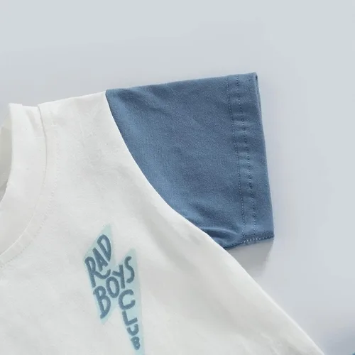 Vista 5 de Conjunto de ropa de verano para bebé niño pequeño, camiseta de manga corta con letras y pantalones cortos enrollados para recién nacidos