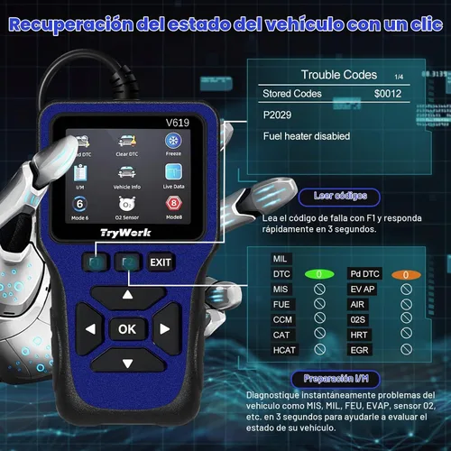 Vista 3 de Escáner de Diagnóstico OBD2, Lector de Códigos del Motor con Búsqueda de 35901 DTC, Modo 6 y 8, Preparación I/M para Todos los Autos OBDII desde Azul