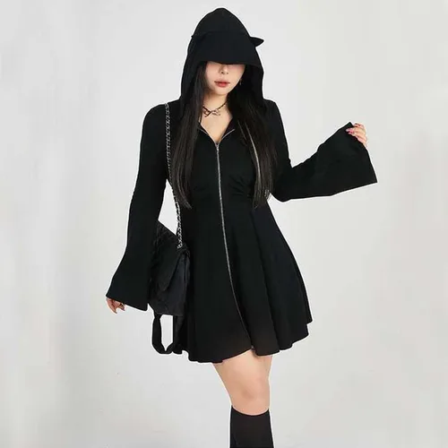 Vista 3 de MLAFE Vestido negro con capucha gótico para otoño e invierno, vestido de suéter con capucha, manga para muñeca, vestido ajustado Harajuku