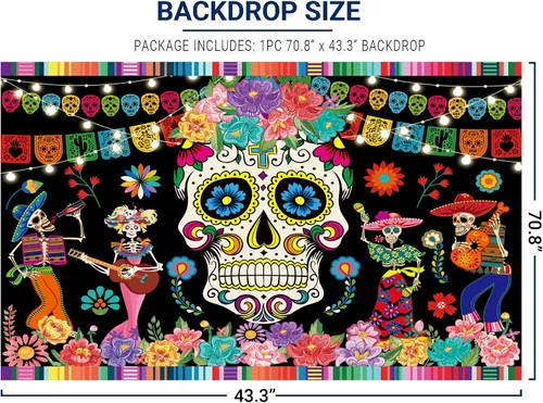 Vista 3 de Allenjoy Día de los Muertos Fondo Mexicano Dia DE Los Muertos Fotografía Fondo Fiesta Calavera Azúcar Fiesta Banner Suministros Decoración Cabina