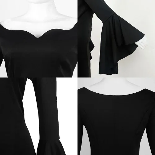 Vista 6 de JPXH Morticia Addams - Disfraz de Addams para mujer, talla grande, espeluznante, largo, negro, vestido familiar para Halloween