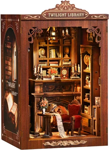 Vista 8 de Kit de rincón de libros de biblioteca antigua, rompecabezas 3D de madera con luz LED, modelo de estantería en miniatura, decoración cultural