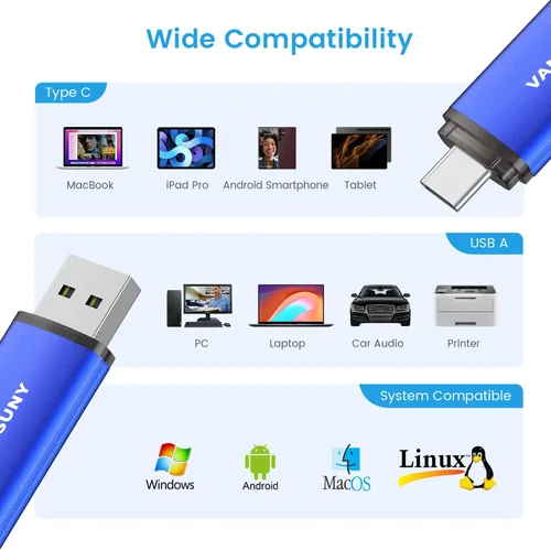 Vista 6 de Vansuny Unidad flash USB tipo C de 32 GB 2 en 1 USB A + cinta C OTG Flash Drive para Android Smartphone Tablet Computadora Portátil (azul)
