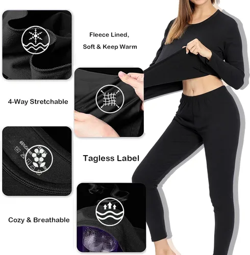 Vista 4 de TAMEYA Ropa interior térmica ultra suave para mujer, juego de 2 pantalones largos con forro polar, capa base para clima frío, parte superior e