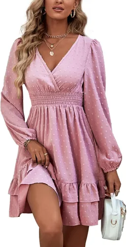 Vista 3 de Rooscier Vestido corto de manga larga con cuello en V y volantes para mujer