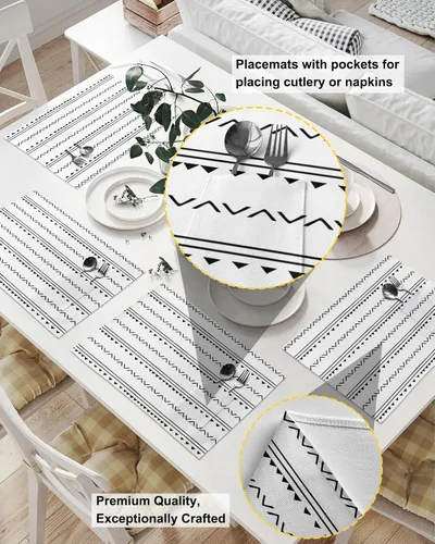 Vista 2 de Juego de 4 manteles individuales bohemios para mesa de comedor, tela de lino de algodón con bolsillo, arpillera cuadrada, rectangular, redonda