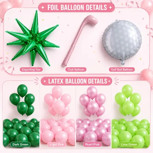 Vista 5 de Kit de arco de guirnalda de globos con agujero en uno para el primer Enana - 153 globos de color rosa y verde con palos de golf de estrellas