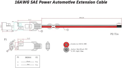 Vista 2 de 2 cables de extensión de alimentación SAE de 16 AWG, 2 pines de desconexión rápida, conector de CC de 12 V, 11.8 in con tapa impermeable para 2