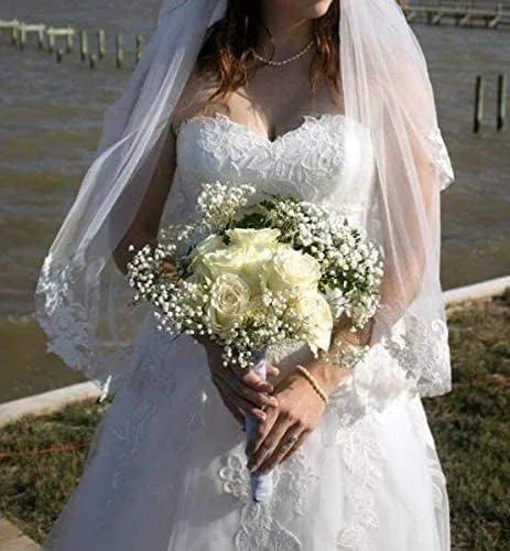 Vista 7 de Ursumy Velo de encaje para boda, velo de novia de 2 niveles con peine