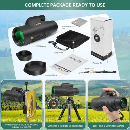 Vista 8 de Prisma monocular impermeable del telescopio K9 de 12x50 para caza, camping, viajes Secenery, observación de aves de vida silvestre