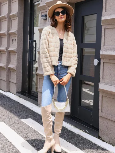 Vista 2 de Allegra K Abrigo chaqueta de piel sintética para mujer de manga larga recortado esponjoso sin cuello casual cálido de invierno ropa exterior