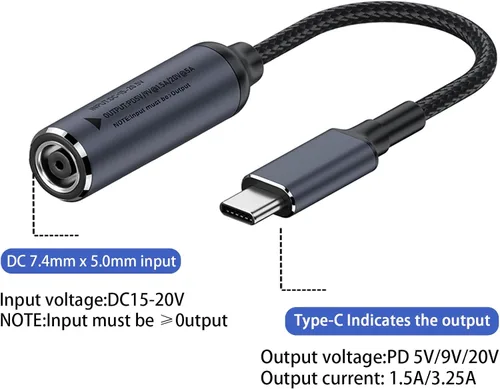 Vista 4 de DC 0.291 in x 0.197 in entrada hembra a USB C PD macho cable de carga de alimentación, 100 W DC7450 a USB tipo C PD salida 5V/9V/20V cable con chip
