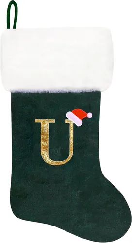 Vista 21 de Calcetines de Navidad bordados de 20 pulgadas con monograma, terciopelo negro con puño de felpa blanca supersuave, adornos clásicos para decoración