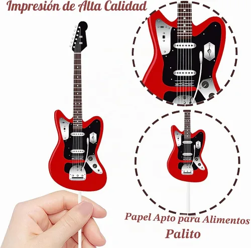 Vista 4 de 24 piezas de decoración de guitarra, para cupcakes, notas musicales, rock, cumpleaños, pasteles, decoraciones de fiesta para guitarrista