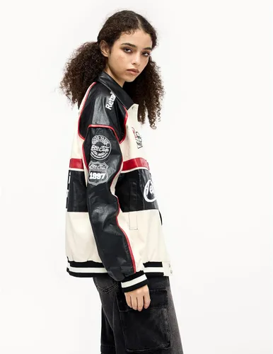 Vista 4 de Aelfric Eden Chaqueta de carreras de piel sintética de gran tamaño para motocicleta, chaqueta de motociclista, ropa de calle, unisex