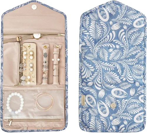 Vista 2 de Bagsmart - Organizador de joyas plegable de viaje para anillos, collares, pulseras, aretes, Blanco (White Leaf), S