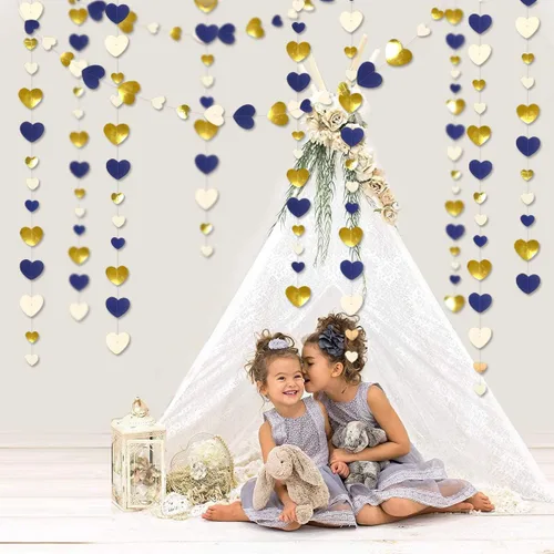 Vista 7 de 52 pies Guirnalda de corazón de amor dorado azul marino para decoración de fiesta del día de San Valentín Bandera de serpentina colgante azul real