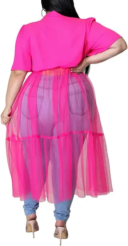Vista 3 de Sunlips Vestido sexy con solapa para mujer, talla grande, con malla, transparente, manga corta, con vuelo, para discoteca
