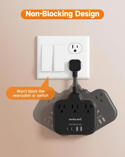 Vista 4 de Divisor de enchufes múltiples, tira de alimentación de cable ultracorto de 0.2 pies de 1625 W, 3 tomacorrientes, 4 USB (2 USB-C), extensor