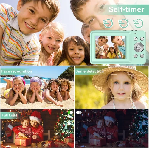 Vista 5 de Cámara digital FHD 1080P para niños, tarjeta SD de 32 GB, zoom 16X, punto y disparo compacto, portátil (verde)