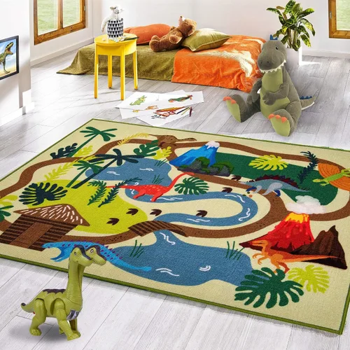 Vista 13 de Booooom Jackson Alfombra de Dinosaurio para Niños, Alfombra Prehistórica de Dinosaurio de Poliéster con Respaldo de Látex Antideslizante, Alfombras