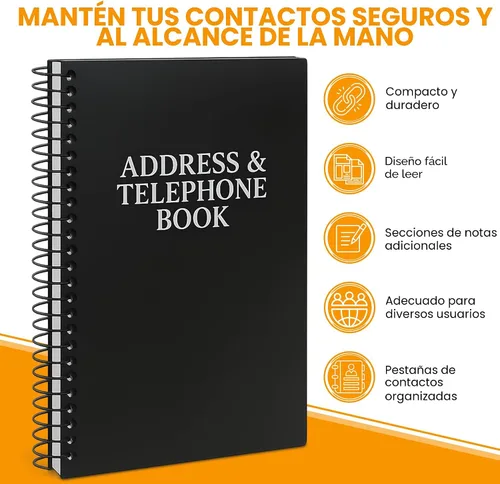 Vista 3 de Libreta de direcciones y teléfonos Iconikal, 8x5 pulgadas, negra, con espiral, 384 contactos, organizador para organizar nombres, direcciones