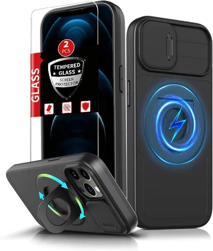 Vista 98 de Funda magnética para iPhone 11 Pro compatible con carga inalámbrica MagSafe, con 2 protectores de pantalla, anillo kickstand de 360° integrado +