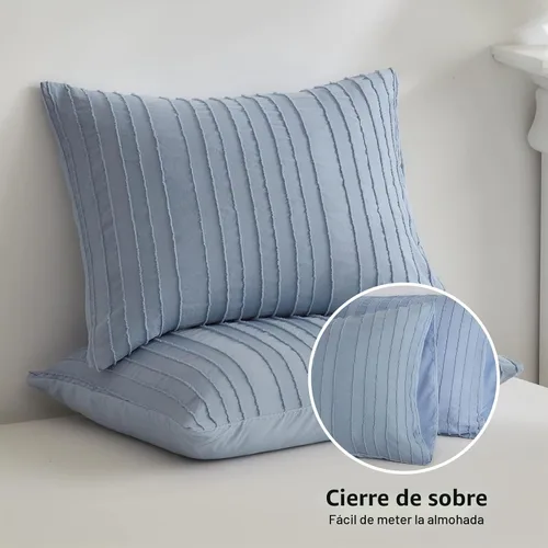 Vista 4 de WARMDERN Juego de funda de edredón a rayas azules, ropa de cama con textura bohemia acolchada con mechones, 2 piezas tamaño Twin de microfibra