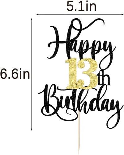 Vista 3 de Decoración para pastel de cumpleaños número 13 con destellos negros y dorados para tartas de 13 años, decoración para pastel de 13 años, decoración
