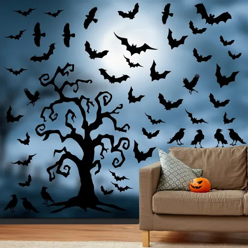 Vista 11 de Calcomanías de Halloween para ventana, calcomanías de brujas negras, calcomanías de pared de Halloween, murciélagos de árbol negro, murales de arte