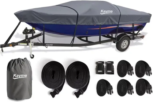 Vista 12 de Kayme Cubierta de lancha resistente 1200D para barcos de 14 a 16 pies, impermeable, resistente al desgarro con correas reforzadas al viento, ideal