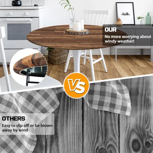 Vista 5 de Mantel redondo de granja ajustable con borde elástico, mantel de madera marrón para exteriores, funda impermeable para mesa, decoración para picnic