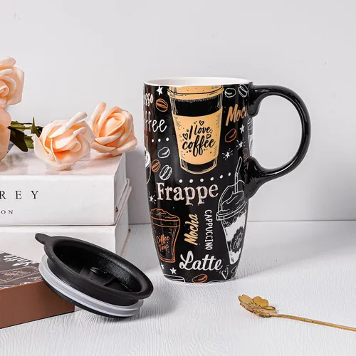 Vista 9 de Topadorn Taza de Café de Cerámica Taza de Viaje Regalo con Tapa 17oz, Taza de Té Alta de Porcelana con Asa para el Hogar y la Oficina, Taza