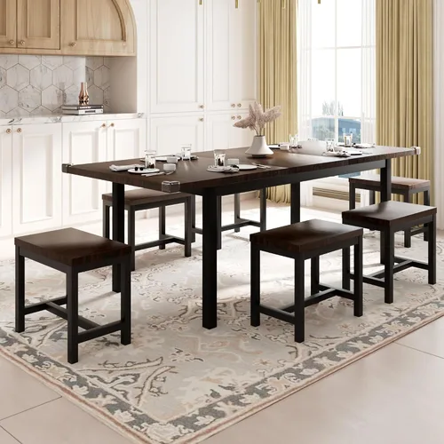 Vista 11 de Feonase Juego de mesa de comedor de 5 piezas para 4-8 personas, juego de mesa de cocina grande extensible de 63 pulgadas con 2 bancos y 2 taburetes