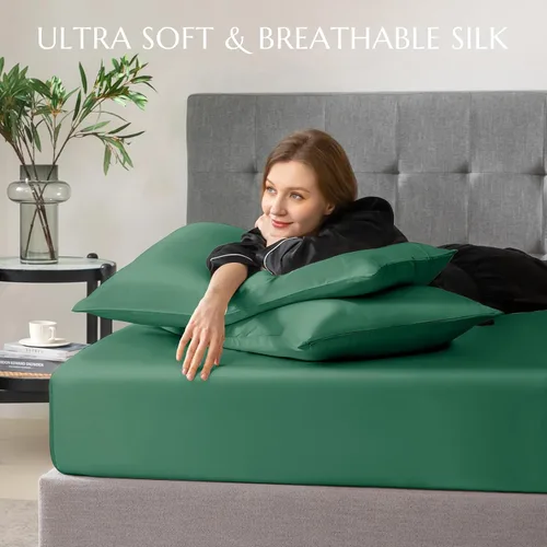 Vista 40 de THXSILK Juego de sábanas bajeras de 100% seda de morera, 3 piezas de seda 7A+, transpirable, suave, sábana bajera de 16 pulgadas de profundidad, 2