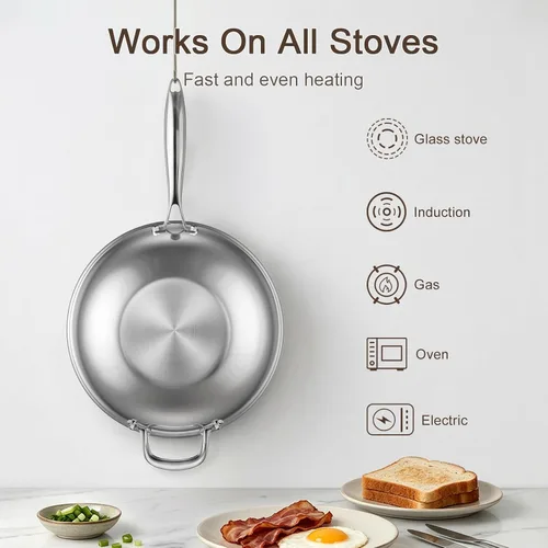 Vista 4 de Sartén híbrida de acero inoxidable de 12.5 pulgadas con tapa, sartén antiadherente texturizada con láser, sin PFOA, compatible con inducción, apta