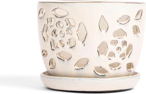Vista 13 de rePotme Maceta para Orquídeas - Maceta de Cerámica para Orquídeas de 5 Pulgadas con Recorte Floral y Agujeros (Crema sobre Algodón de Azúcar)
