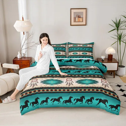 Vista 2 de Juego de ropa de cama con relleno de edredón con diseño de caballo y atrapasueños para niños, adolescentes y hombres, juego de edredón con estampado