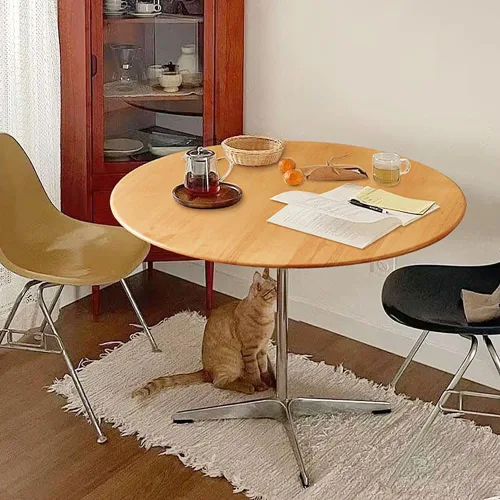 Vista 5 de Mesa de comedor redonda moderna de madera maciza con base de metal cruzada, mesa pequeña de madera marrón para oficina, mesa de centro pequeña