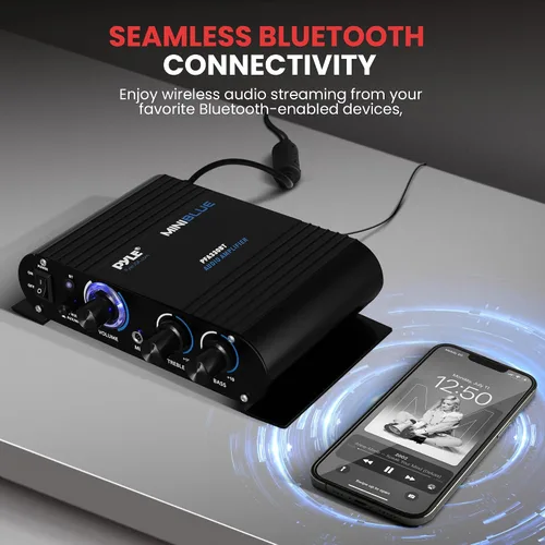 Vista 2 de Pyle PFA330BT mini amplificador inalámbrico estéreo Bluetooth de 90 Watt - entradas para micrófono, RCA, y auxiliar de 3,5 mm