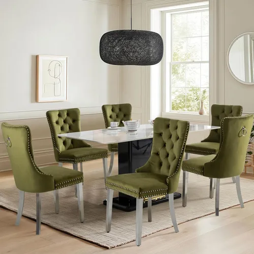Vista 33 de Juego de 2 sillas de comedor tapizadas de tela de lino, sillas de cocina modernas de mediados de siglo con respaldo alto, ribete de cabeza de clavo