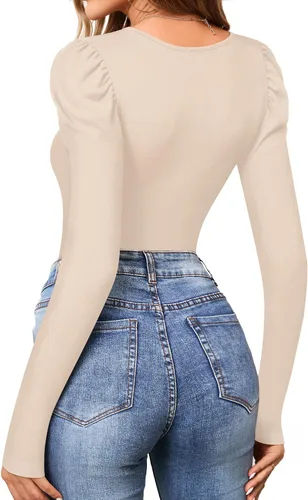 Vista 3 de MANGOPOP Body de manga abombada para mujer, cuello cuadrado, traje de cuerpo para mujer, manga larga, camisa, camiseta elegante