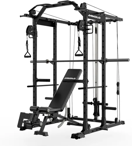 Vista 11 de Mikolo Jaula de Potencia, Rack de Potencia con Sistema de Cruce de Cables, 1500LBS Rack para Sentadillas con Sistema de Jalón LAT, Jaula de Negro