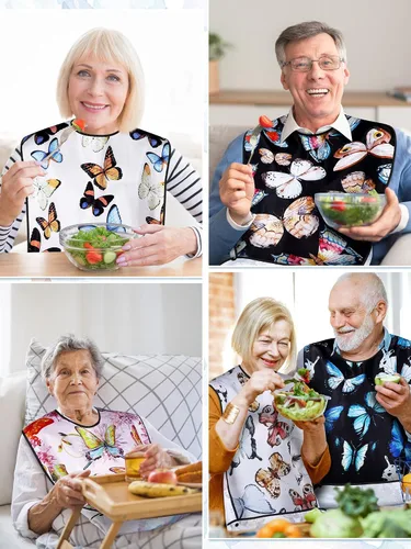 Vista 7 de Eurzom Paquete de 6 baberos para adultos para mujeres y hombres mayores, baberos reutilizables para adultos para comer con recogedor de migas