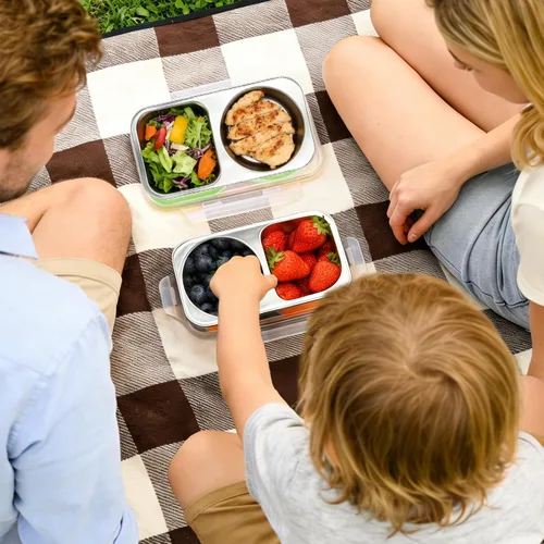 Vista 2 de Recipientes de acero inoxidable con tapa, contenedores reutilizables de 2 compartimentos para aperitivos a prueba de fugas, contenedor