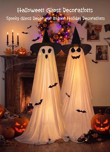 Vista 2 de Minetom 2 Pack Outdoor Halloween Ghost Decorations, Light Up Ghosts 2 witch hats