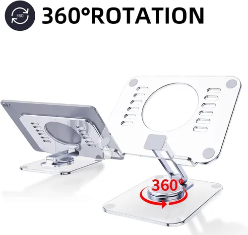 Vista 2 de Soporte acrílico giratorio de 360° para tableta, soporte de escritorio ajustable plegable transparente compatible con iPad Pro, Air, Mini, Kindle