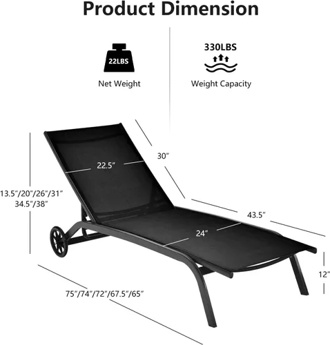 Vista 3 de COSTWAY Tumbona para exteriores con ruedas, silla de bronceado ajustable de 6 posiciones con marco de aluminio estable, silla de descanso portátil