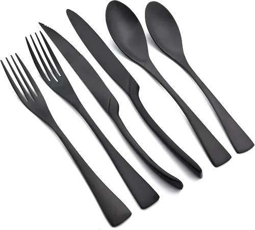 Vista 9 de Juego de cubiertos de plata mate con cuchillo para carne, 24 piezas de cubiertos pesados de acero inoxidable 18/10, juego de utensilios generosos